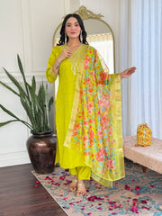 SalwarLove Women's Lime Green Embroidered Viscose Chanderi Straight Kurta Set with Floral Jacquard Dupatta.