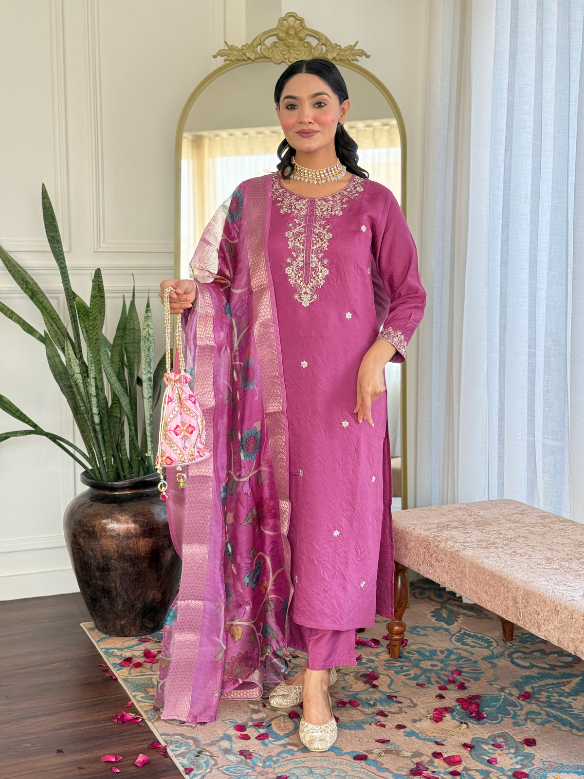 SalwarLove Elegant Magenta Rayon Salwar Suit Set with Intricate Hand Embroidery and Multicolor Bandhani Naznin Dupatta.