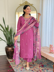 SalwarLove Elegant Magenta Rayon Salwar Suit Set with Intricate Hand Embroidery and Multicolor Bandhani Naznin Dupatta.