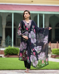 SalwarLove Floral Whisper – Soft Black Suit with Artistic Print and Romantic Neck Embroidery