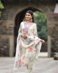 SalwarLove Elegant Off-White Floral Printed Suit with Embroidered Detailing and Roman Silk Bottom