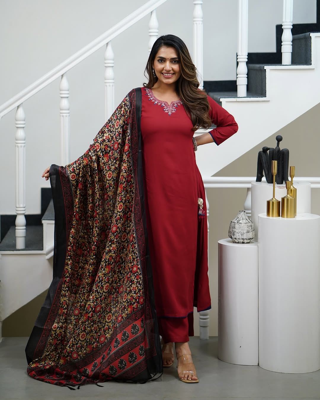 SalwarLove Rich Maroon Viscose Chanderi Salwar Suit Set with Heavy Patterned Dupatta .