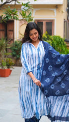 SalwarLove Fully Stitched Printed Cotton Kurta, Pant & Dupatta Set | Color: Indigo Blue & White