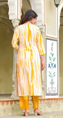 SalwarLove Fully Stitched Printed Cotton Kurta, Pant & Dupatta Set | Color: yellow & White