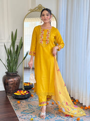 SalwarLove Women’s Yellow Embroidered Silk Kurta Set with Floral Embellished Bottoms and Tabby Fabric Dupatta – Festive Ethnic Wear for Haldi, Pooja, and Summer Celebrations