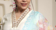 SalwrLove V-Neck Chanderi Embroidered Kurta Set with Stylish Dupatta White.