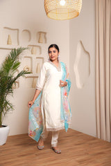 SalwrLove V-Neck Chanderi Embroidered Kurta Set with Stylish Dupatta White.