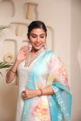 SalwrLove V-Neck Chanderi Embroidered Kurta Set with Stylish Dupatta White.