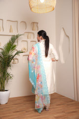 SalwrLove V-Neck Chanderi Embroidered Kurta Set with Stylish Dupatta White.