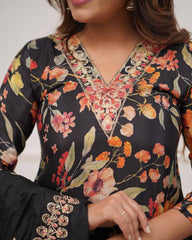 SalwarLove Elegant Black Floral Printed Embroidered Kurti Set – Pure Russian Silk Kurta with Chanderi Bottom & Dupatta.
