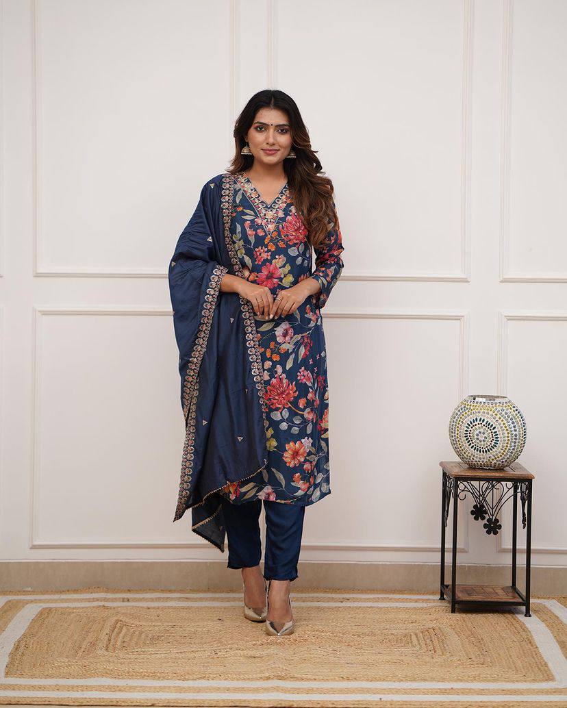 SalwarLove Designer Petrol Ethnic Suit Set for Women – Russian Silk Kurti with Floral Print and Chanderi Dupatta