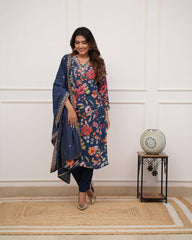 SalwarLove Designer Petrol Ethnic Suit Set for Women – Russian Silk Kurti with Floral Print and Chanderi Dupatta