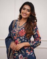 SalwarLove Designer Petrol Ethnic Suit Set for Women – Russian Silk Kurti with Floral Print and Chanderi Dupatta