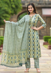 SalearLove Fully Stitched Cotton Kurta, Pant & Dupatta Set | Embroidered & Printed | Ready to Wear-2915 Green