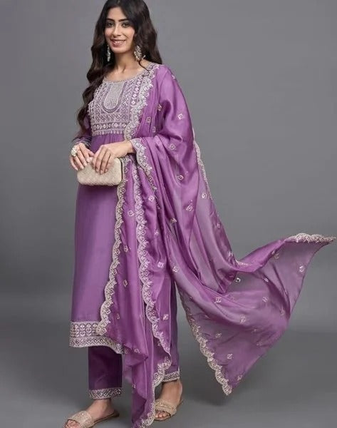 SalwarLove Fully Stitched Embroidered Kurta, Pant & Organza Dupatta | Viscose Elegance