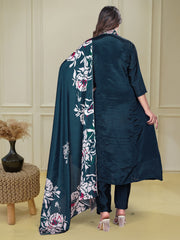 SalwarLove Stylish Chinnon Flared Kurta Pant Set with Collar Neck Embroidery and Soft PrintedTeal. Dupatta