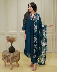 SalwarLove Stylish Chinnon Flared Kurta Pant Set with Collar Neck Embroidery and Soft PrintedTeal. Dupatta
