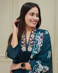 SalwarLove Stylish Chinnon Flared Kurta Pant Set with Collar Neck Embroidery and Soft PrintedTeal. Dupatta