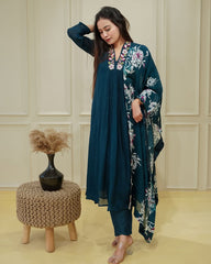 SalwarLove Stylish Chinnon Flared Kurta Pant Set with Collar Neck Embroidery and Soft PrintedTeal. Dupatta
